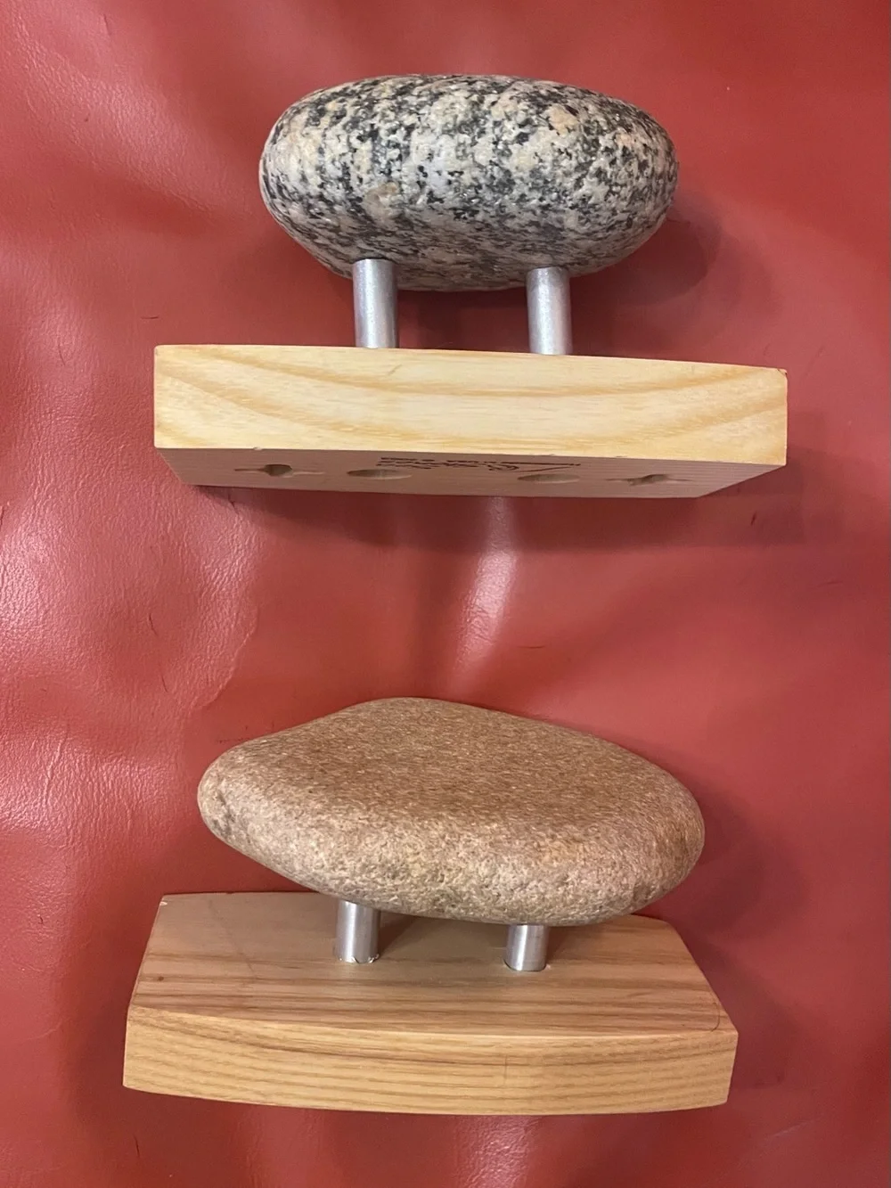 Natural Stone Wall Hooks with Wood Mounts - Red